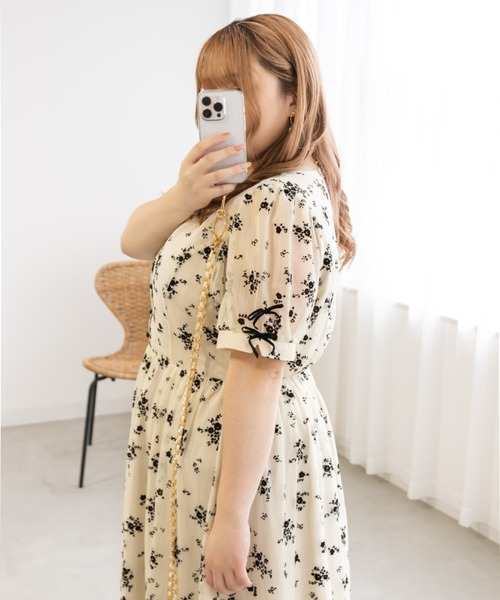 袖リボンフロッキー花柄シアーワンピース（ワンピース）｜CLETTE