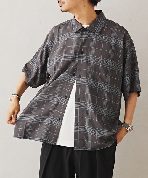 JOURNAL STANDARD relume（ジャーナルスタンダード　レリューム）の「Relume Jeans レーヨンチェック半袖シャツ（シャツ/ブラウス・メンズ・オレンジ/アイボリー/ネイビー・MEDIUM/LARGE）」の2枚目の写真