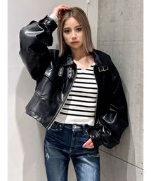 GYDA | Symmetry GYDAフェイクレザースタンドカラーショートジャケット(ライダースジャケット)