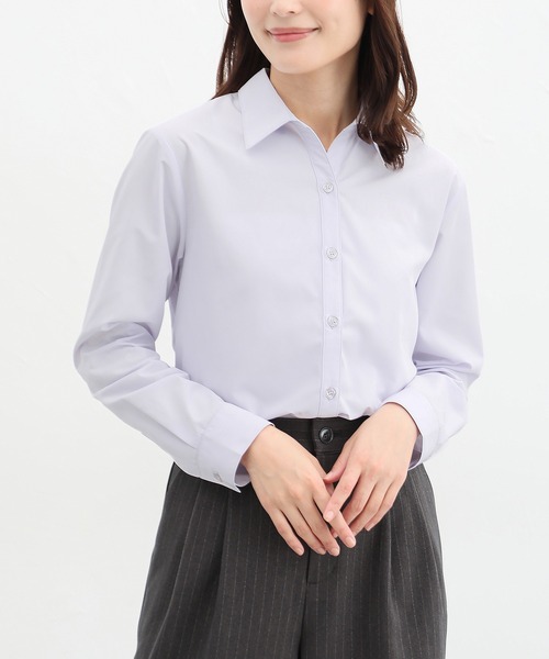 Honeys（ハニーズ）の「スキッパーシャツ（ビジネスシャツ・レディース・ラベンダー/ホワイト×ブラック/ホワイト/サックスブルー系/ホワイト×ブルー/チェック/ホワイト×パープル・LL/L/M/S/3L）」の6枚目の写真