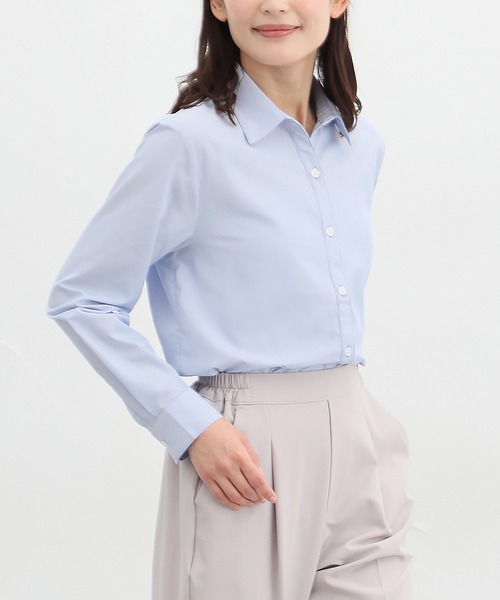 Honeys（ハニーズ）の「スキッパーシャツ（ビジネスシャツ・レディース・ラベンダー/ホワイト×ブラック/ホワイト/サックスブルー系/ホワイト×ブルー/チェック/ホワイト×パープル・LL/L/M/S/3L）」の5枚目の写真