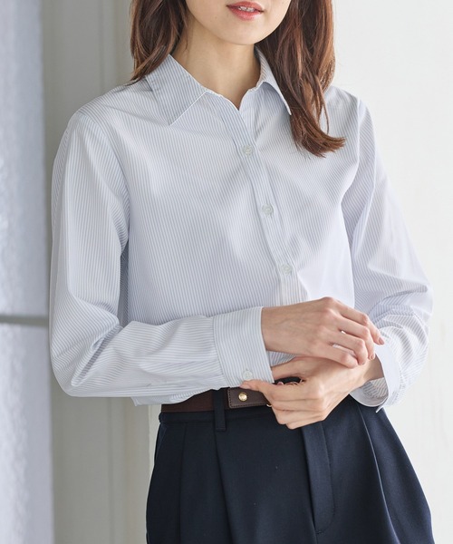 Honeys（ハニーズ）の「スキッパーシャツ（ビジネスシャツ・レディース・ラベンダー/ホワイト×ブラック/ホワイト/サックスブルー系/ホワイト×ブルー/チェック/ホワイト×パープル・LL/L/M/S/3L）」の3枚目の写真