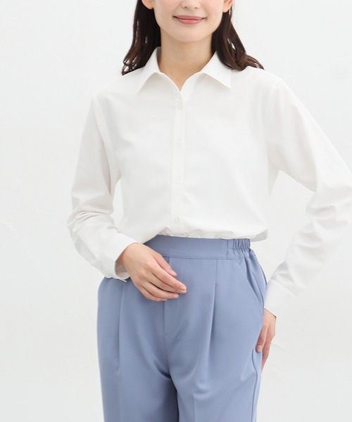 Honeys（ハニーズ）の「スキッパーシャツ（ビジネスシャツ・レディース・ラベンダー/ホワイト×ブラック/ホワイト/サックスブルー系/ホワイト×ブルー/チェック/ホワイト×パープル・LL/L/M/S/3L）」の2枚目の写真