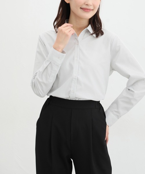 Honeys（ハニーズ）の「スキッパーシャツ（ビジネスシャツ・レディース・ラベンダー/ホワイト×ブラック/ホワイト/サックスブルー系/ホワイト×ブルー/チェック/ホワイト×パープル・LL/L/M/S/3L）」の20枚目の写真