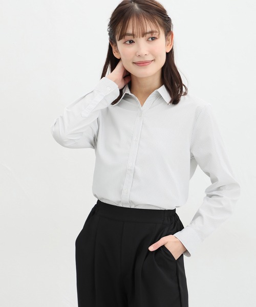 Honeys（ハニーズ）の「スキッパーシャツ（ビジネスシャツ・レディース・ラベンダー/ホワイト×ブラック/ホワイト/サックスブルー系/ホワイト×ブルー/チェック/ホワイト×パープル・LL/L/M/S/3L）」の19枚目の写真