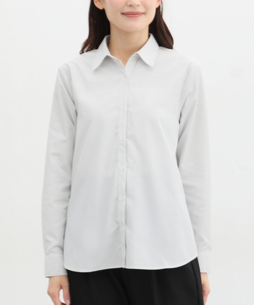 Honeys（ハニーズ）の「スキッパーシャツ（ビジネスシャツ・レディース・ラベンダー/ホワイト×ブラック/ホワイト/サックスブルー系/ホワイト×ブルー/チェック/ホワイト×パープル・LL/L/M/S/3L）」の8枚目の写真