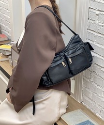【5COLORS】スムースレザーポケットデザインショルダーバッグ
