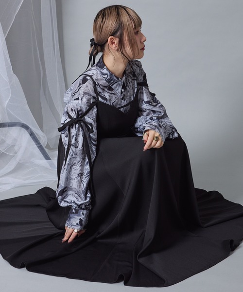 Mavie..7 柄シャツ ブラック Free サイズ Mavie..7 ブラウス シャツ 「Mavie..7」シアー柄シャツ