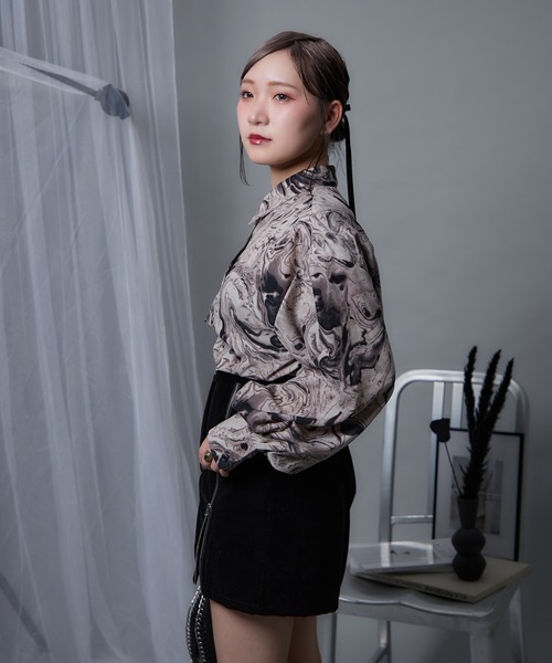 Mavie..7 柄シャツ ブラック Free サイズ Mavie..7 ブラウス シャツ 「Mavie..7」シアー柄シャツ
