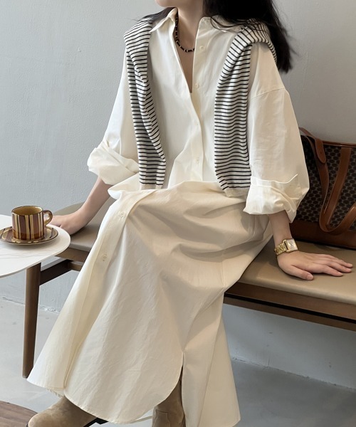 シングルブレストロングシャツワンピース