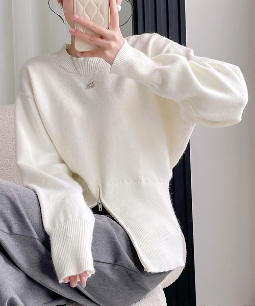 by LEGNA(バイレグナ)の「レディース ハーフジップニット 裾ジップ スリムフィット 長袖トップス(ニット/セーター・レディース・ベージュ/アイボリー/ブラック/グレー・FREE)」の2枚目の写真