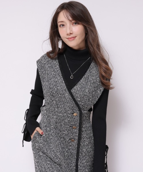 新品Apuweiser-riche ツイードワンピース 新品】Apuweiser-riche ツイードフリンジタイトニットワンピース