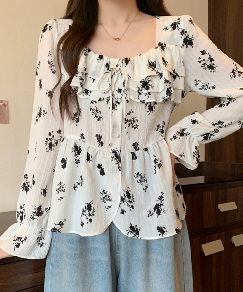 Teem Store(チームストア)の「フロントフリル フラワースクエアネック ブラウス(シャツ/ブラウス・レディース・アイボリー/ホワイト・M/L)」の4枚目の写真