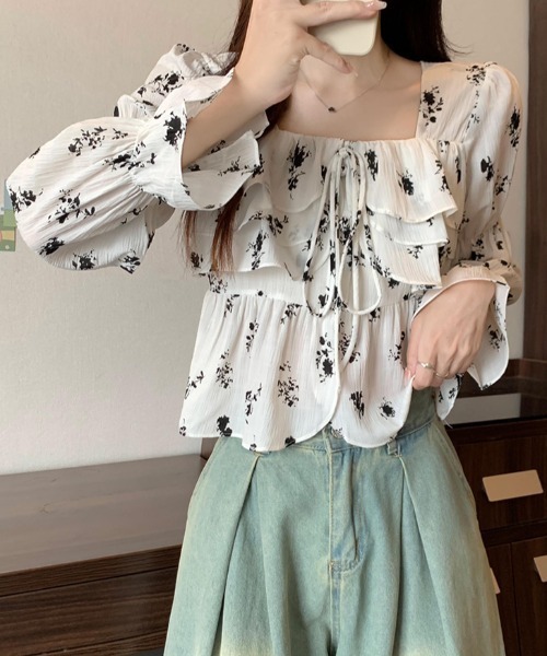 Teem Store(チームストア)の「フロントフリル フラワースクエアネック ブラウス(シャツ/ブラウス・レディース・アイボリー/ホワイト・M/L)」の5枚目の写真