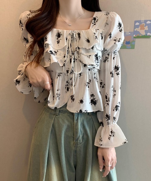 Teem Store(チームストア)の「フロントフリル フラワースクエアネック ブラウス(シャツ/ブラウス・レディース・アイボリー/ホワイト・M/L)」の6枚目の写真