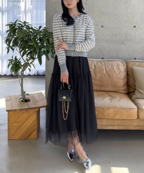 OBLI ボーダー ボタン ニット カジュアル きれい目 大人 モード 上品 ボーダーニット/ホワイト | TOPS | OBLI