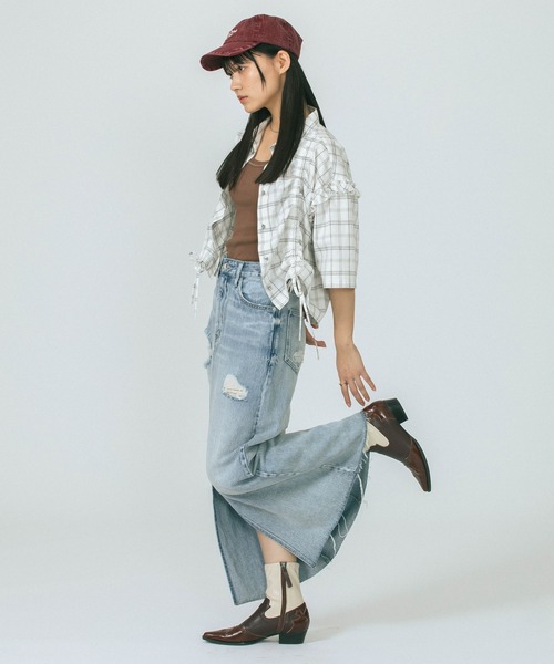 ROSE BUD DAMEGE デニムスカート ピンク セール】DAMEGE DENIM SKIRT（デニムスカート）｜ROSE BUD