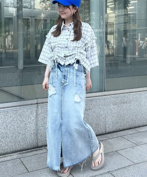 ROSE BUD DAMEGE デニムスカート ピンク セール】DAMEGE DENIM SKIRT（デニムスカート）｜ROSE BUD