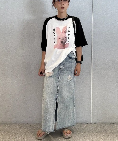 ROSE BUD DAMEGE デニムスカート ピンク セール】DAMEGE DENIM SKIRT（デニムスカート）｜ROSE BUD