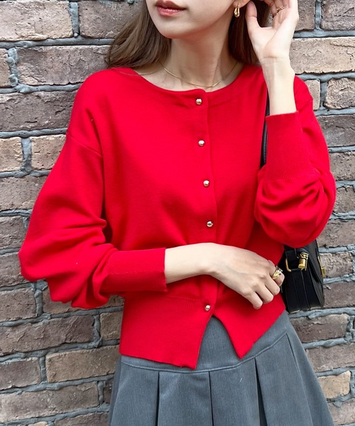 Futier land（フューティアランド）の「《26SS 新作》【新色追加】ゴールドボタンラウンドネックカーディガン（カーディガン/ボレロ・レディース・レッド/ネイビー/ライトベージュ/グレイッシュベージュ/グリーン系その他/グレー/オフホワイト/ピンク・MEDIUM/LARGE）」の9枚目の写真