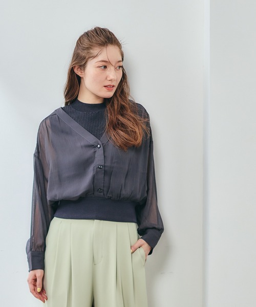 12Twelve Agenda（トゥエルブ　アジェンダ）の「ラメリブニット付ノーカラーシアーシャツプルオーバー（ニット/セーター・レディース・チャコールグレー/ミント/アイボリー・M）」の3枚目の写真
