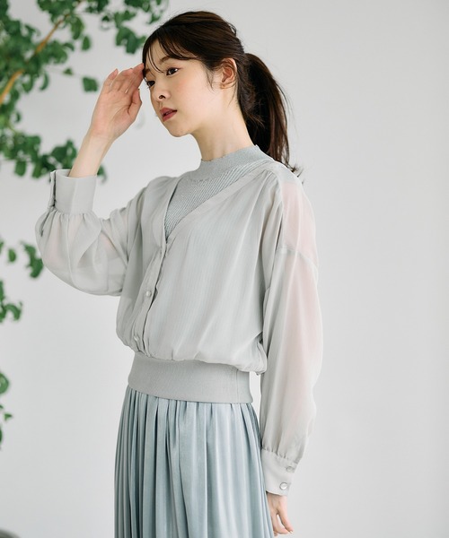 12Twelve Agenda（トゥエルブ　アジェンダ）の「ラメリブニット付ノーカラーシアーシャツプルオーバー（ニット/セーター・レディース・チャコールグレー/ミント/アイボリー・M）」の6枚目の写真