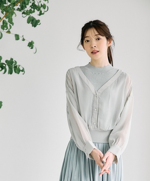 12Twelve Agenda（トゥエルブ　アジェンダ）の「ラメリブニット付ノーカラーシアーシャツプルオーバー（ニット/セーター・レディース・チャコールグレー/ミント/アイボリー・M）」の4枚目の写真