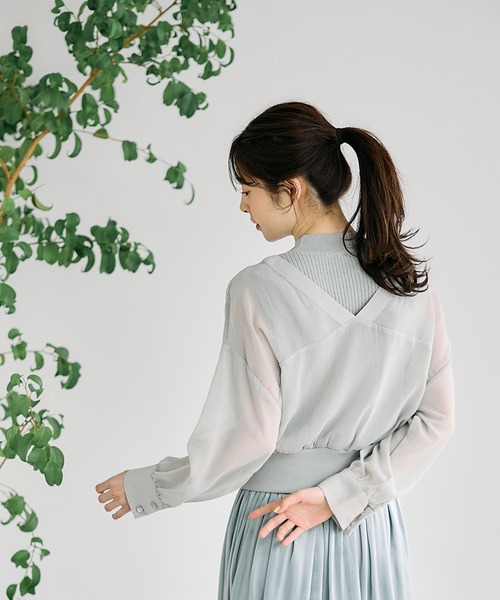12Twelve Agenda（トゥエルブ　アジェンダ）の「ラメリブニット付ノーカラーシアーシャツプルオーバー（ニット/セーター・レディース・チャコールグレー/ミント/アイボリー・M）」の8枚目の写真