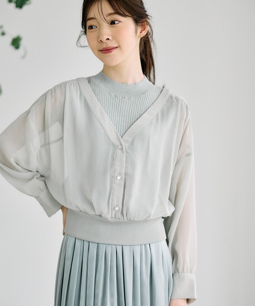 12Twelve Agenda（トゥエルブ　アジェンダ）の「ラメリブニット付ノーカラーシアーシャツプルオーバー（ニット/セーター・レディース・チャコールグレー/ミント/アイボリー・M）」の5枚目の写真