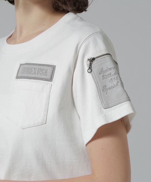 AVIREX(アヴィレックス)の「《50th Anniversary》LEATHER PATCHED FATIGUE T-SHIRT/レザーパッチ ファティーグTシャツ(Tシャツ/カットソー・レディース・ホワイト/ブラック・F)」の9枚目の写真