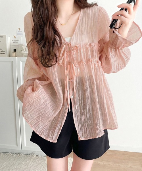 mily bilet（ミウィビレット）の「【mily bilet】きゅんとする透け感！愛されリボン使いシアー楊柳フリルカーディガン（長袖）（シャツ/ブラウス・レディース・アイボリー/チャコールグレー/ブルー/ブラウン/ピンク・LARGE/MEDIUM/SMALL/X-LARGE）」の5枚目の写真