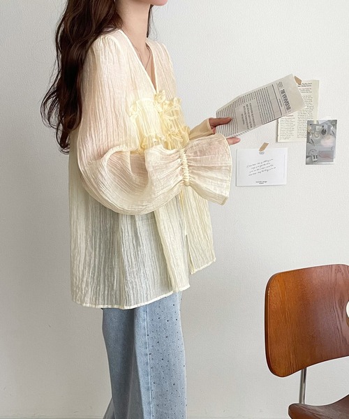 カーディガン 前リボン楊柳フリルカーデ レディース セール】【mily bilet】きゅんとする透け感！愛されリボン使い