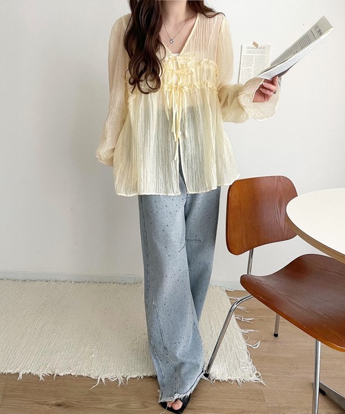 カーディガン 前リボン楊柳フリルカーデ レディース mily bilet ブラウス シャツ 「mily bilet」きゅんとする透け感