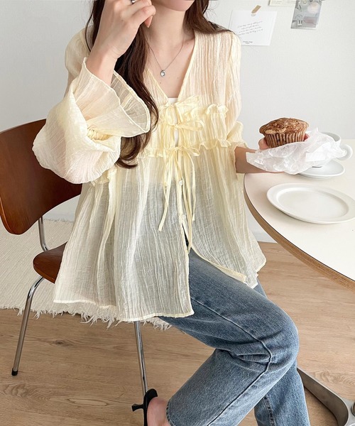 セール】【mily bilet】きゅんとする透け感！愛されリボン使いシアー