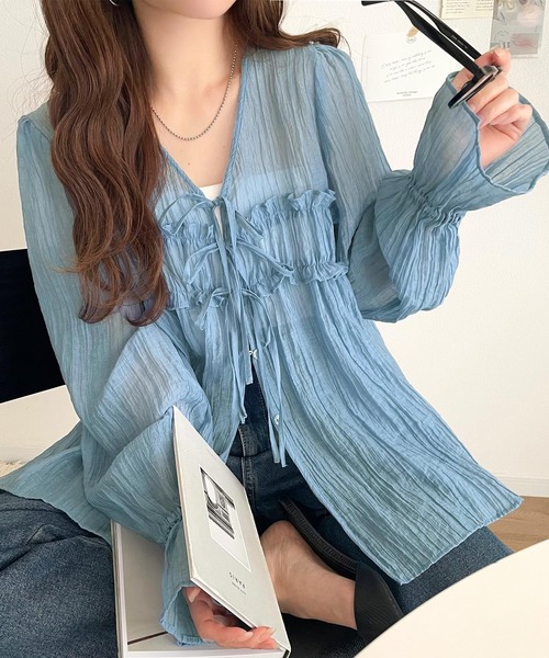 mily bilet（ミウィビレット）の「【mily bilet】きゅんとする透け感！愛されリボン使いシアー楊柳フリルカーディガン（長袖）（シャツ/ブラウス・レディース・アイボリー/チャコールグレー/ブルー/ブラウン/ピンク・LARGE/MEDIUM/SMALL/X-LARGE）」の6枚目の写真