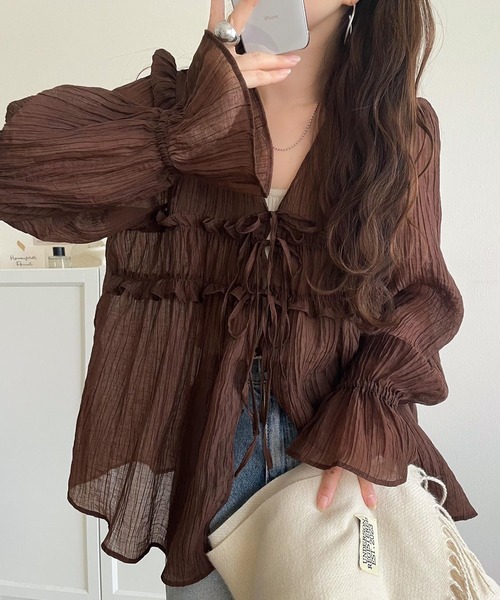 mily bilet（ミウィビレット）の「【mily bilet】きゅんとする透け感！愛されリボン使いシアー楊柳フリルカーディガン（長袖）（シャツ/ブラウス・レディース・アイボリー/チャコールグレー/ブルー/ブラウン/ピンク・LARGE/MEDIUM/SMALL/X-LARGE）」の10枚目の写真