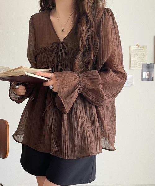 mily bilet（ミウィビレット）の「【mily bilet】きゅんとする透け感！愛されリボン使いシアー楊柳フリルカーディガン（長袖）（シャツ/ブラウス・レディース・アイボリー/チャコールグレー/ブルー/ブラウン/ピンク・LARGE/MEDIUM/SMALL/X-LARGE）」の7枚目の写真