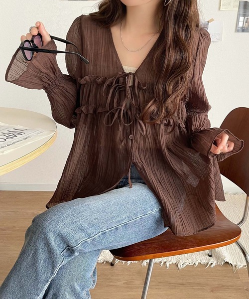 mily bilet（ミウィビレット）の「【mily bilet】きゅんとする透け感！愛されリボン使いシアー楊柳フリルカーディガン（長袖）（シャツ/ブラウス・レディース・アイボリー/チャコールグレー/ブルー/ブラウン/ピンク・LARGE/MEDIUM/SMALL/X-LARGE）」の12枚目の写真