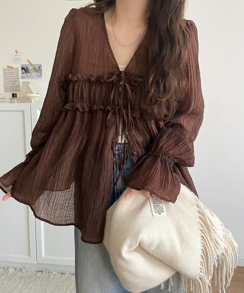 mily bilet（ミウィビレット）の「【mily bilet】きゅんとする透け感！愛されリボン使いシアー楊柳フリルカーディガン（長袖）（シャツ/ブラウス・レディース・アイボリー/チャコールグレー/ブルー/ブラウン/ピンク・LARGE/MEDIUM/SMALL/X-LARGE）」の11枚目の写真