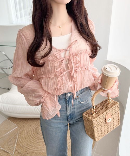 mily bilet（ミウィビレット）の「【mily bilet】きゅんとする透け感！愛されリボン使いシアー楊柳フリルカーディガン（長袖）（シャツ/ブラウス・レディース・アイボリー/チャコールグレー/ブルー/ブラウン/ピンク・LARGE/MEDIUM/SMALL/X-LARGE）」の18枚目の写真