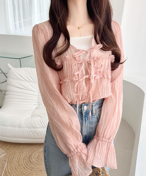 mily bilet（ミウィビレット）の「【mily bilet】きゅんとする透け感！愛されリボン使いシアー楊柳フリルカーディガン（長袖）（シャツ/ブラウス・レディース・アイボリー/チャコールグレー/ブルー/ブラウン/ピンク・LARGE/MEDIUM/SMALL/X-LARGE）」の17枚目の写真