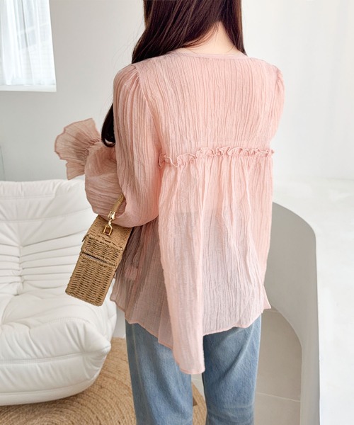 mily bilet（ミウィビレット）の「【mily bilet】きゅんとする透け感！愛されリボン使いシアー楊柳フリルカーディガン（長袖）（シャツ/ブラウス・レディース・アイボリー/チャコールグレー/ブルー/ブラウン/ピンク・LARGE/MEDIUM/SMALL/X-LARGE）」の16枚目の写真