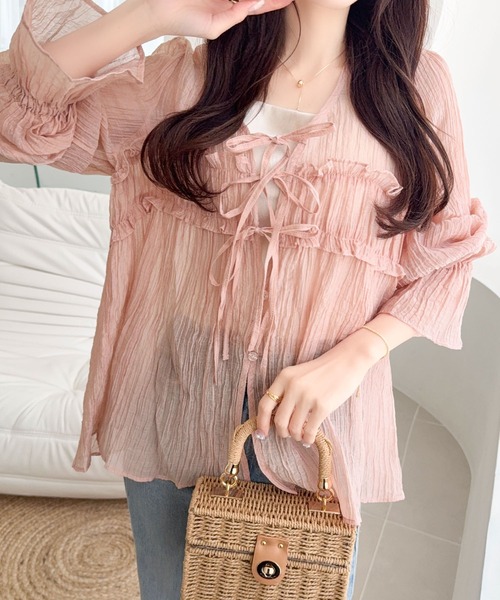 mily bilet（ミウィビレット）の「【mily bilet】きゅんとする透け感！愛されリボン使いシアー楊柳フリルカーディガン（長袖）（シャツ/ブラウス・レディース・アイボリー/チャコールグレー/ブルー/ブラウン/ピンク・LARGE/MEDIUM/SMALL/X-LARGE）」の15枚目の写真