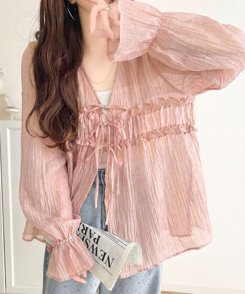 mily bilet（ミウィビレット）の「【mily bilet】きゅんとする透け感！愛されリボン使いシアー楊柳フリルカーディガン（長袖）（シャツ/ブラウス・レディース・アイボリー/チャコールグレー/ブルー/ブラウン/ピンク・LARGE/MEDIUM/SMALL/X-LARGE）」の21枚目の写真