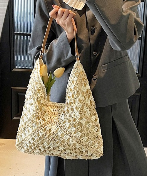 florist（フローリスト）の「【軽量】トライアングルクロシェ編みトートバッグ/かごバッグ（かごバッグ・レディース・ベージュ/ブラウン/ベージュ系3/ベージュ系2/ベージュ系1・FREE）」の3枚目の写真