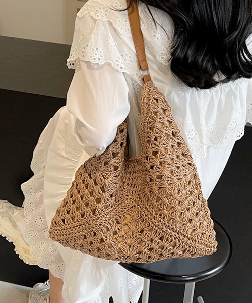 florist（フローリスト）の「【軽量】トライアングルクロシェ編みトートバッグ/かごバッグ（かごバッグ・レディース・ベージュ/ブラウン/ベージュ系3/ベージュ系2/ベージュ系1・FREE）」の2枚目の写真