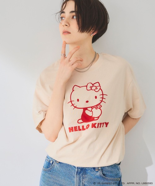 sanrio（サンリオ）の「【sanrio characters】HELLO KITTY/ハローキティ フロッキープリント半袖Ｔシャツ《サンリオキャラクターズ》（Tシャツ/カットソー・レディース・ベージュ/ネイビー/ラベンダー・M/L/LL/3L）」の7枚目の写真