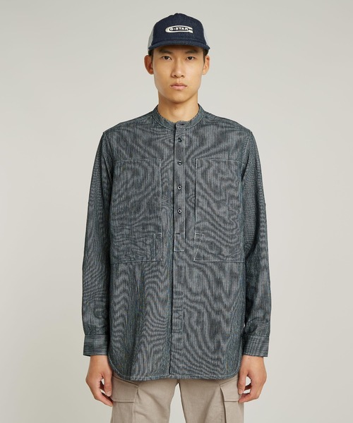 G-STAR（ジースター）の「STAND COLLAR ROLLUP RELAXED SHIRT/ミリタリーディテールバンドカラーオーバーサイズストライプシャツ（シャツ/ブラウス・メンズ・ブルー系その他・LARGE/MEDIUM/SMALL）」の3枚目の写真