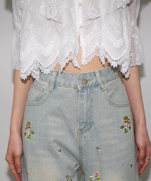 pumpkin port(パンプキンポート)の「ジルコン×花刺繍 デニムロングパンツ(デニムパンツ・レディース・ブルー/ネイビー・S/M/L/LL/SS)」の14枚目の写真