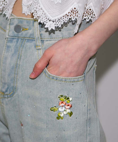 NAPOLEONEE JEANS　デニム　パンツ　刺繍　ロングパンツ　ジーパン 楽天市場】刺繍 デニムパンツ レディース ワイドパンツ ロング
